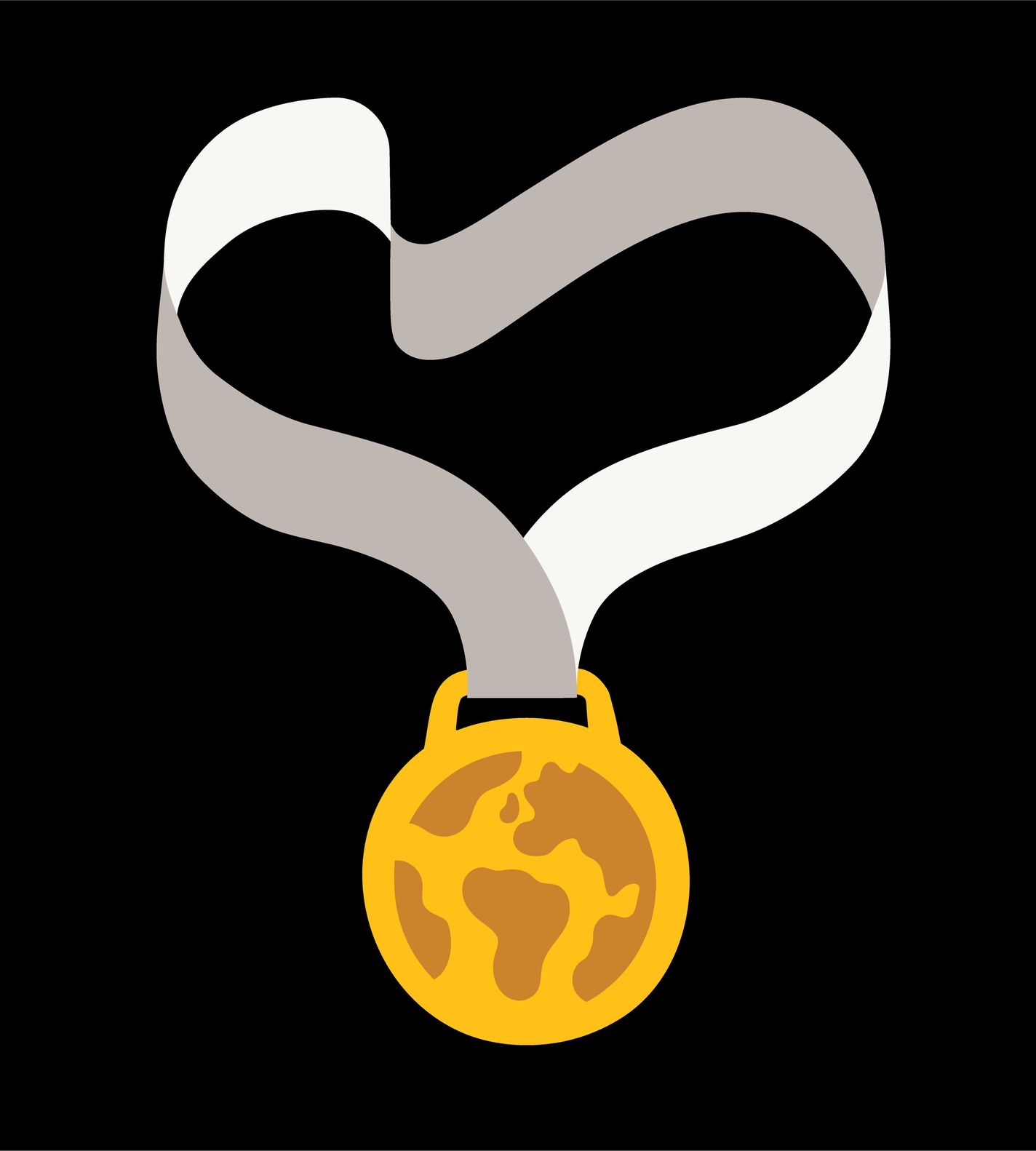 This illustration shows a gold medal with a globe design hanging on a gray and white ribbon, set against a black background